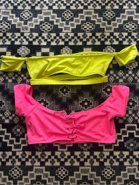 Hot Miami Styles Neon Lime & Hot Pink Off-Shoulder Swim Crop Tops